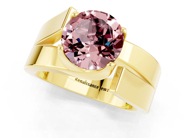 Yellow gold Modern Tension Set Round Cut Morganite Solitaire Wide Band Ring