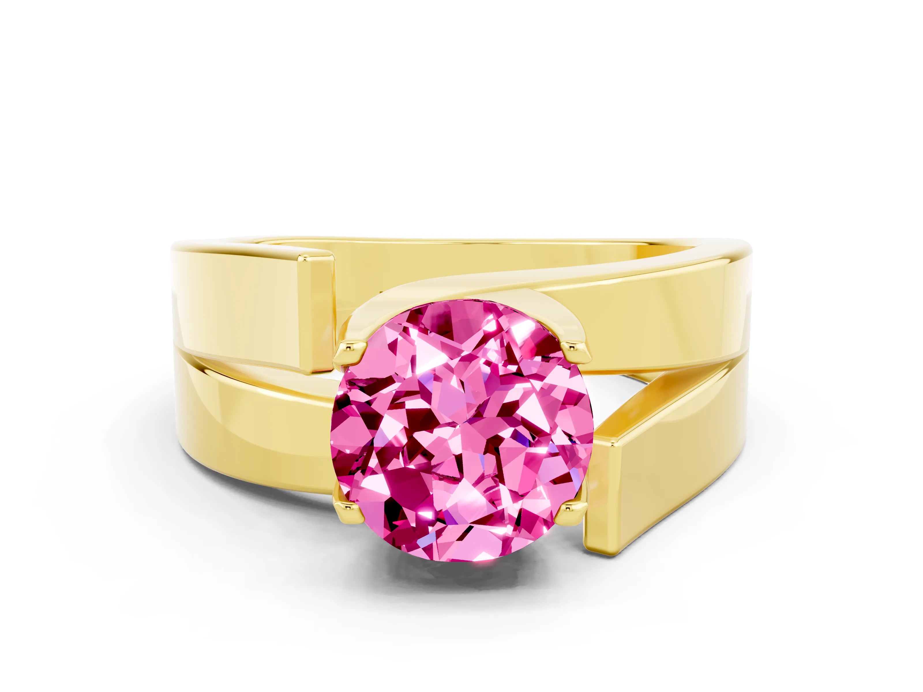 Yellow gold Modern Tension Set Round Cut Pink Sapphire Solitaire Wide Band Ring_12