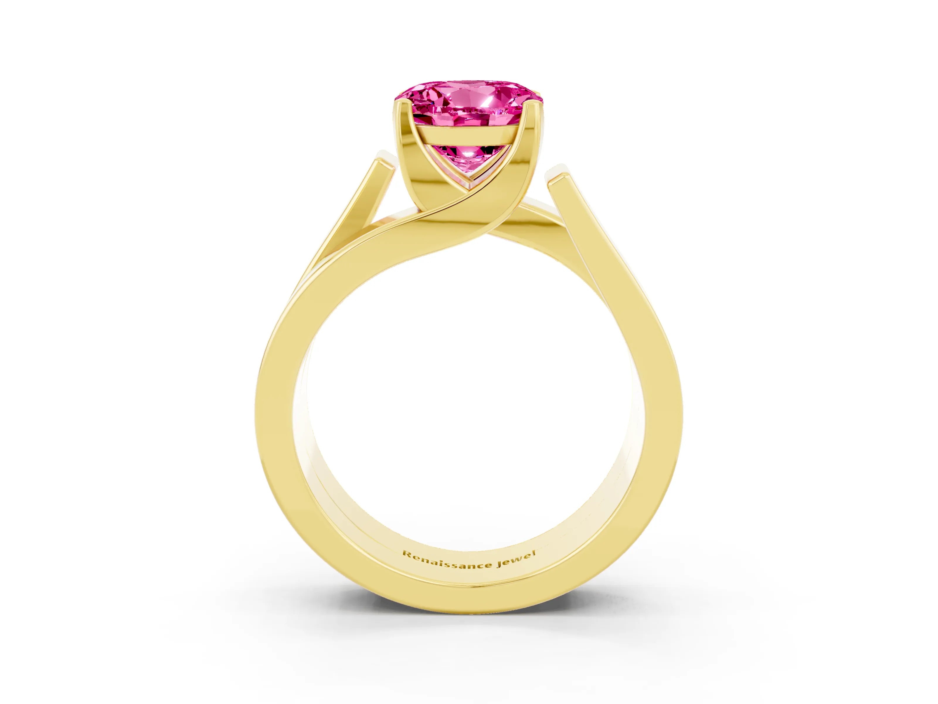 Yellow gold Modern Tension Set Round Cut Pink Sapphire Solitaire Wide Band Ring_15
