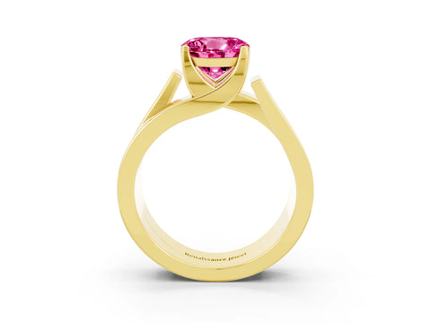 Yellow gold Modern Tension Set Round Cut Pink Sapphire Solitaire Wide Band Ring_15