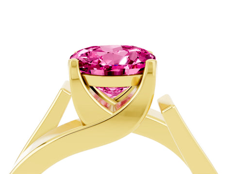 Yellow gold Modern Tension Set Round Cut Pink Sapphire Solitaire Wide Band Ring_16