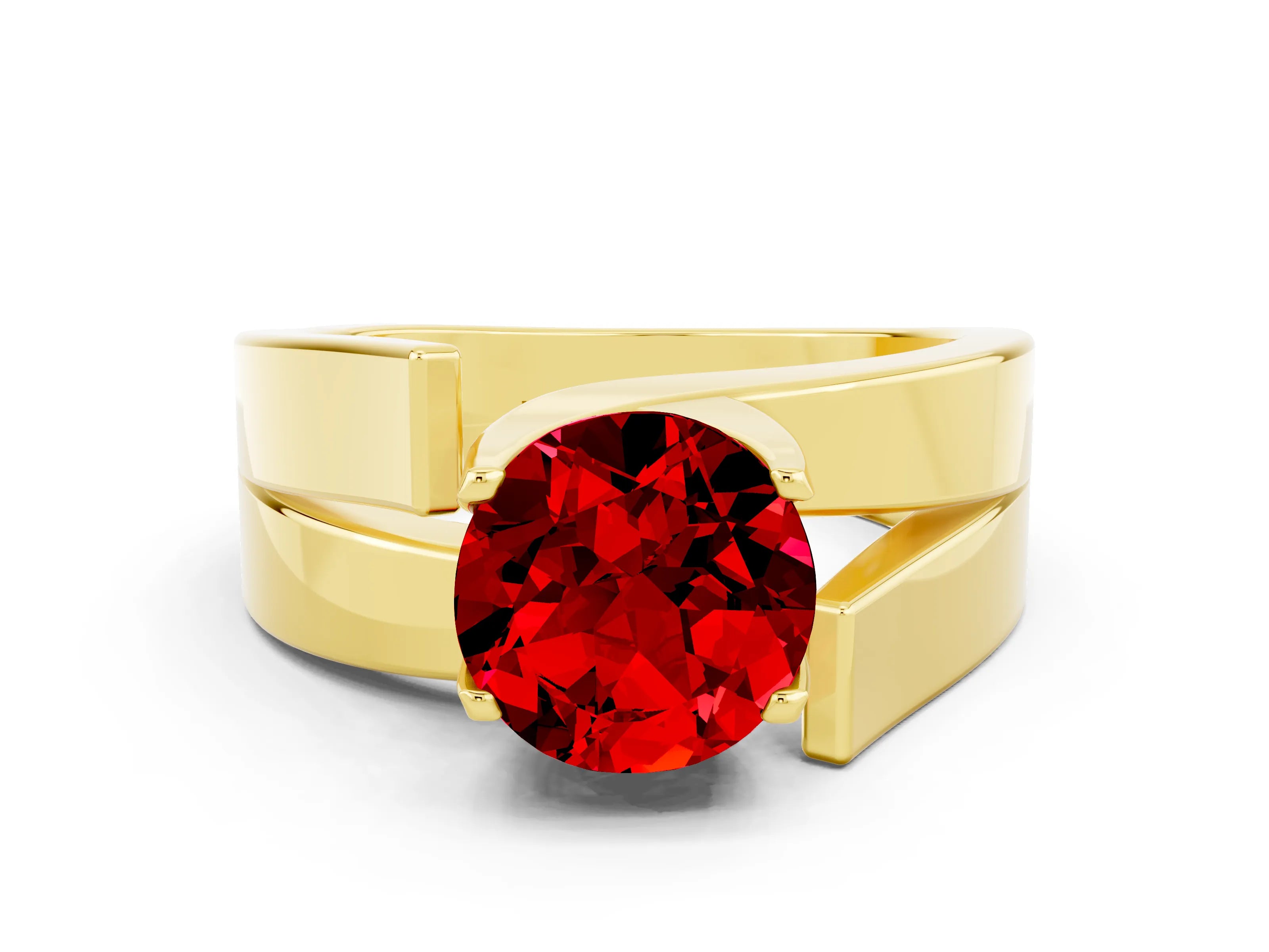 Yellow gold Modern Tension Set Round Cut Ruby Solitaire Wide Band Ring