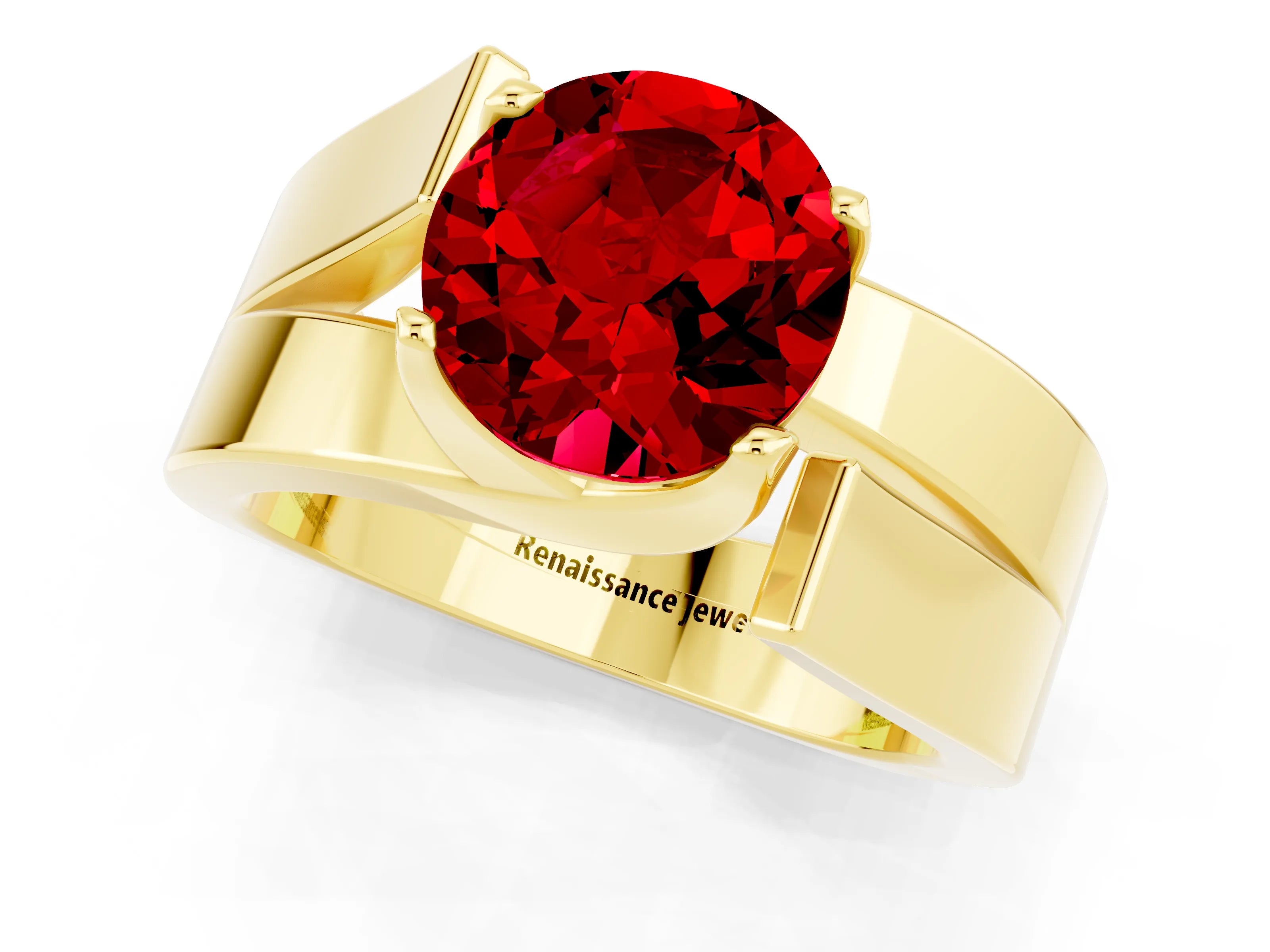 Yellow gold Modern Tension Set Round Cut Ruby Solitaire Wide Band Ring_1