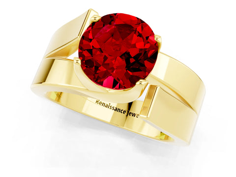 Yellow gold Modern Tension Set Round Cut Ruby Solitaire Wide Band Ring_1