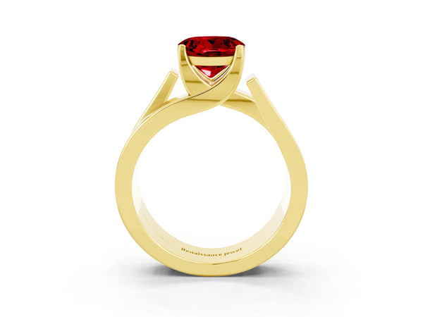 Yellow gold Modern Tension Set Round Cut Ruby Solitaire Wide Band Ring