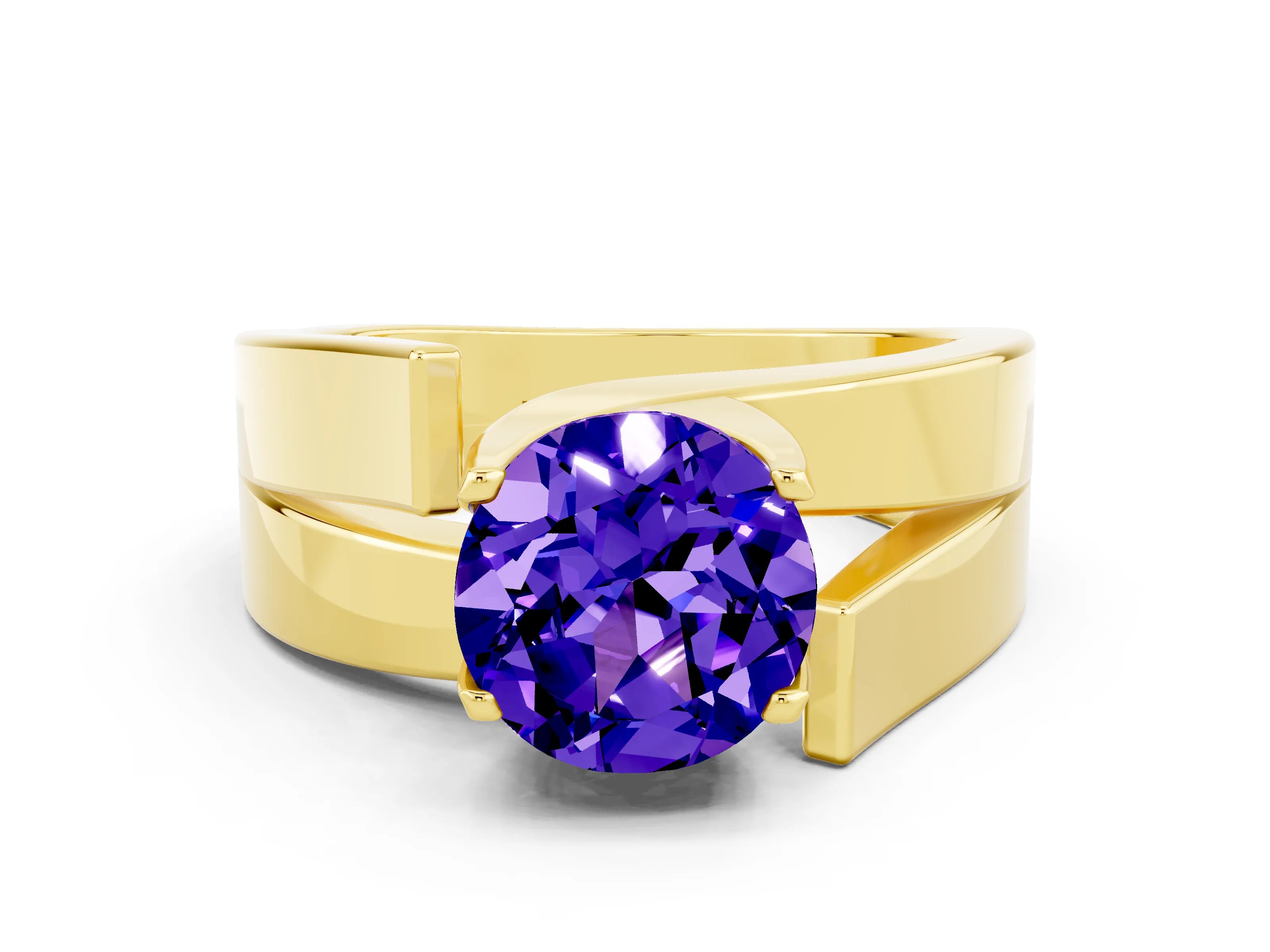 Yellow gold Modern Tension Set Round Cut Tanzanite Solitaire Wide Band Ring