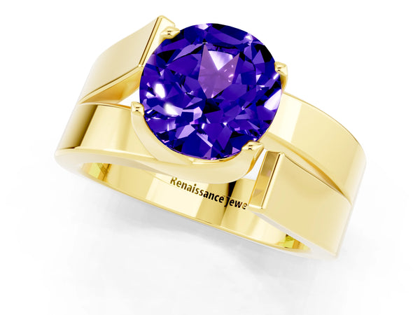 Yellow gold Modern Tension Set Round Cut Tanzanite Solitaire Wide Band Ring