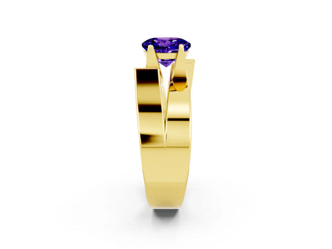 Yellow gold Modern Tension Set Round Cut Tanzanite Solitaire Wide Band Ring_2