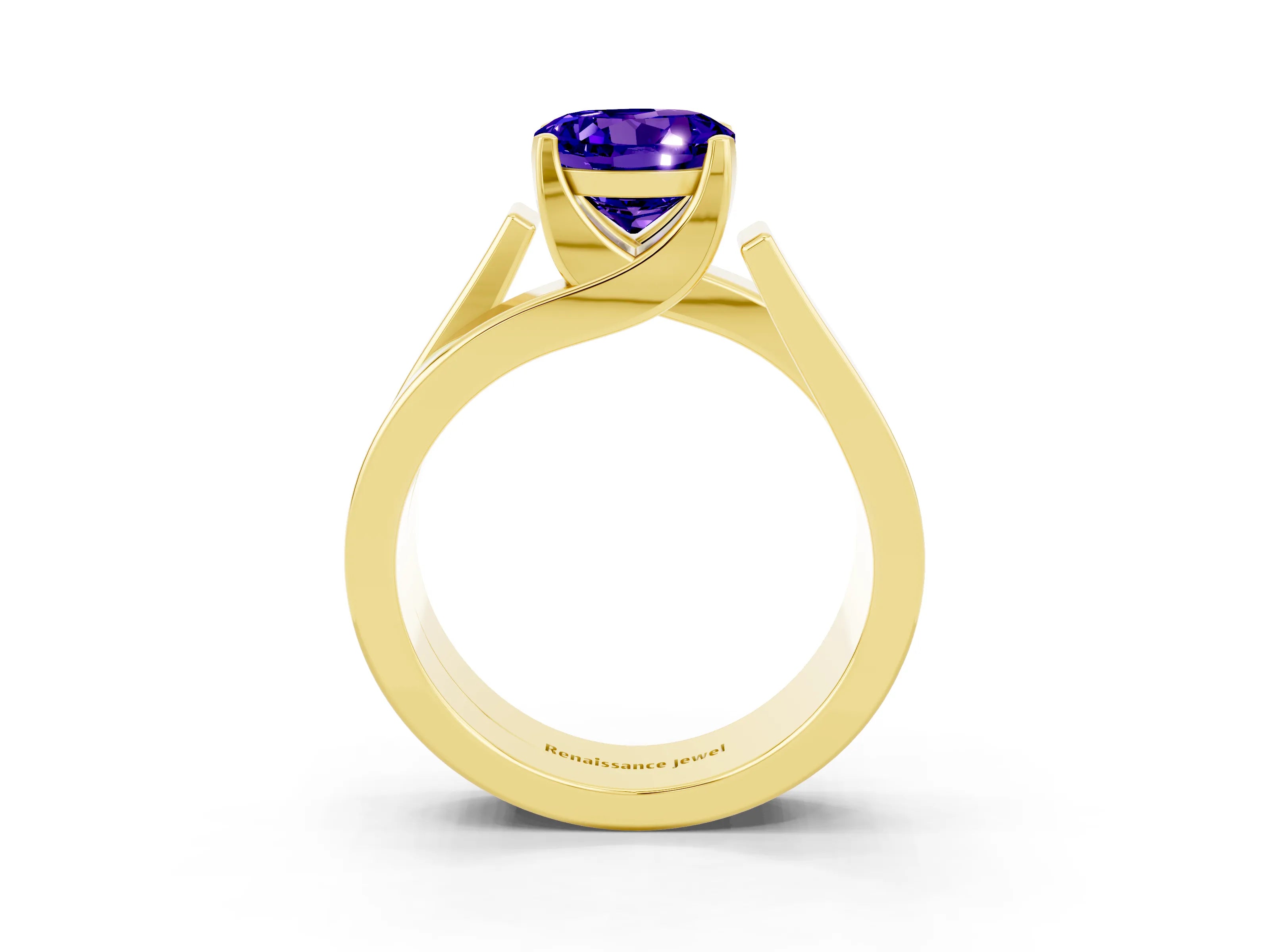 Yellow gold Modern Tension Set Round Cut Tanzanite Solitaire Wide Band Ring_3