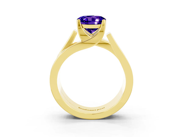 Yellow gold Modern Tension Set Round Cut Tanzanite Solitaire Wide Band Ring