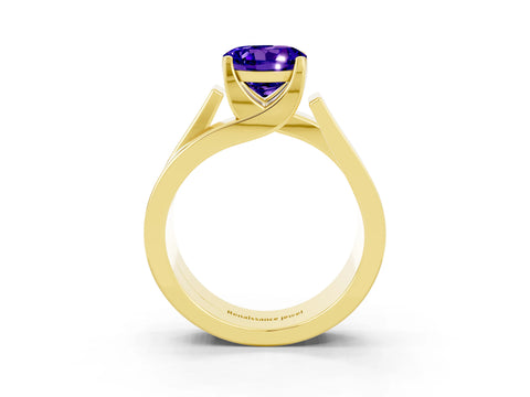 Yellow gold Modern Tension Set Round Cut Tanzanite Solitaire Wide Band Ring_3