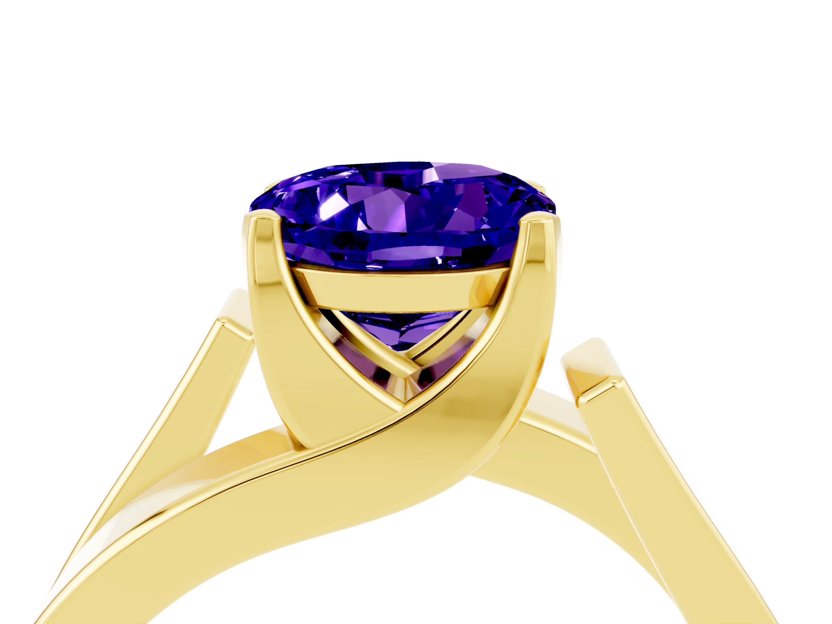 Yellow gold Modern Tension Set Round Cut Tanzanite Solitaire Wide Band Ring_4