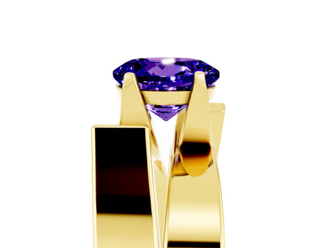 Yellow gold Modern Tension Set Round Cut Tanzanite Solitaire Wide Band Ring_5