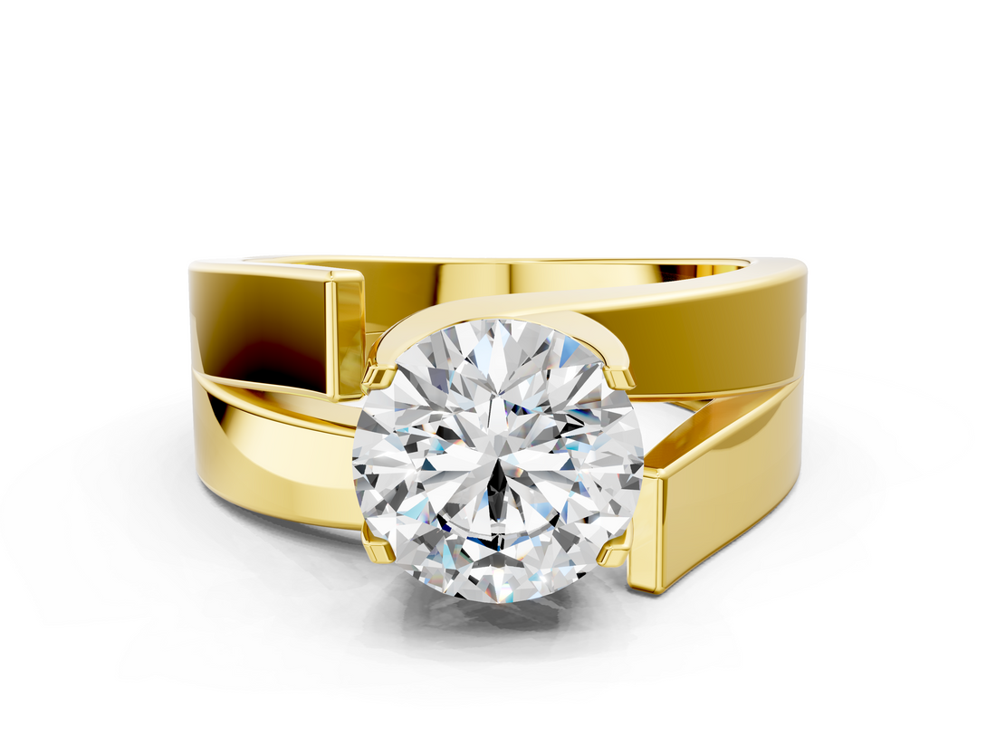 Yellow gold Modern Tension Set Round Solitaire Wide Band Ring_109