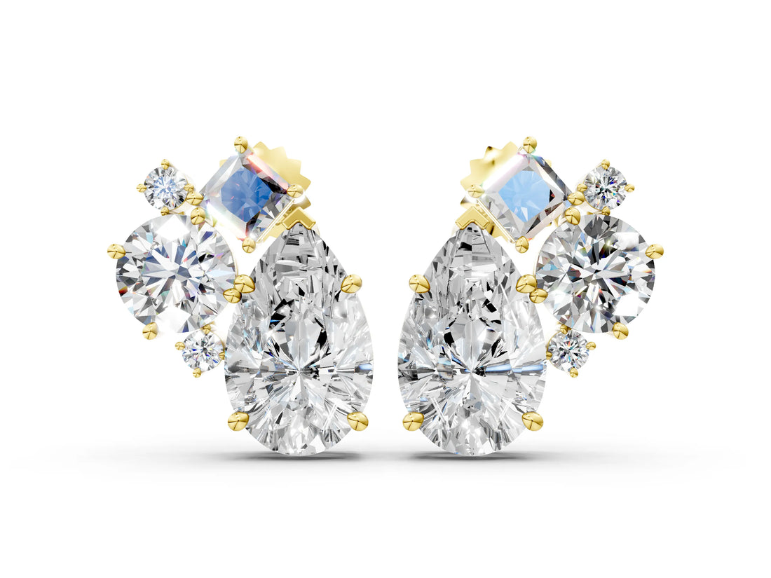 Yellow gold Multi-Shape Diamond Mosaic Five Stone Stud Earrings_20
