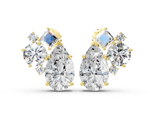 Yellow gold Multi-Shape Diamond Mosaic Five Stone Stud Earrings