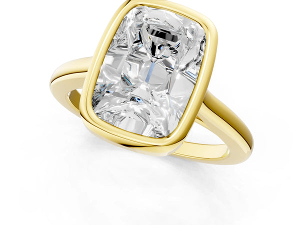 Yellow Gold Elongated Old Mine Cushion Cut Bezel Solitaire Engagement Ring Setting with Plain Band