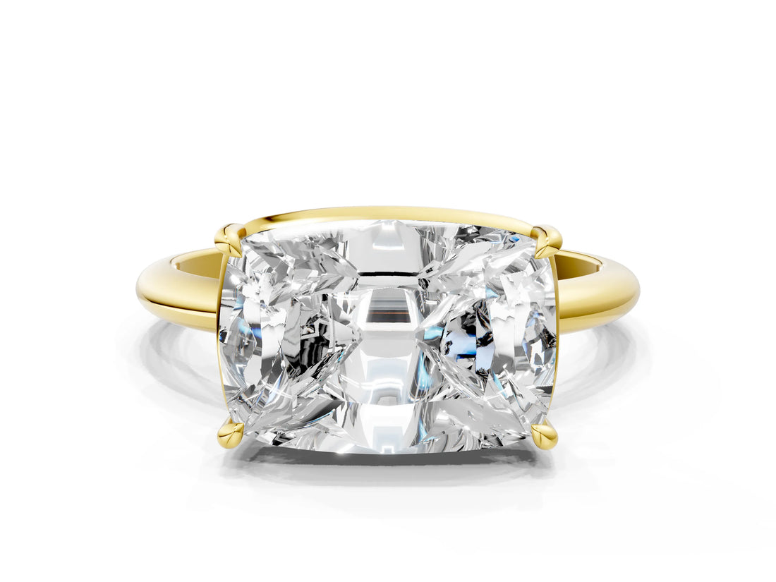 Yellow gold Old Mine Elongated Cushion Diamond East-West Bezel Set Four Claw Solitaire Ring_17