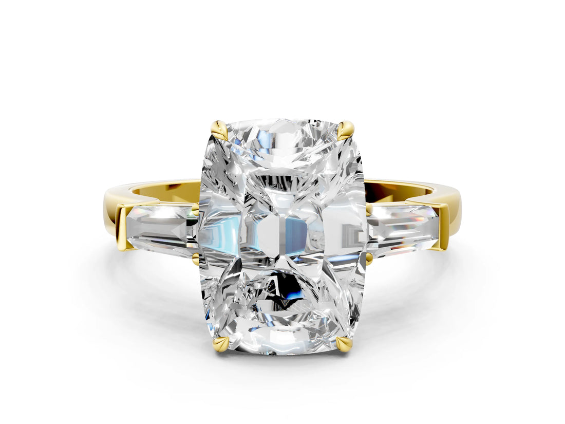 Yellow gold Old Mine Elongated Cushion Diamond with Side Tapered Baguette Three Stone Ring_34