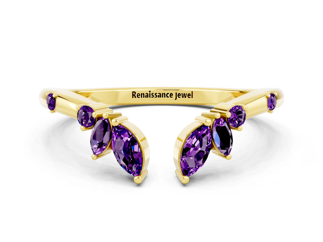 Yellow gold Open Marquise Cluster Amethyst Band with Prong Setting_6