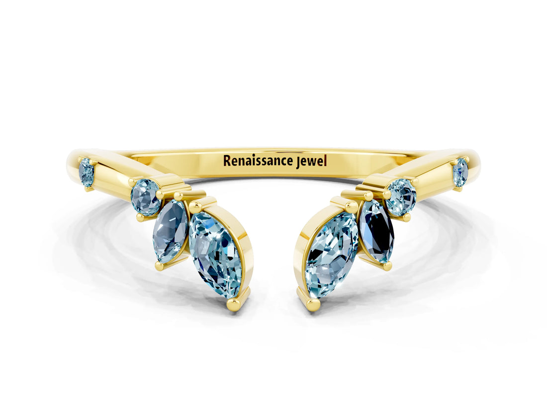 Yellow gold Open Marquise Cluster Aquamarine Band with Prong Setting_6