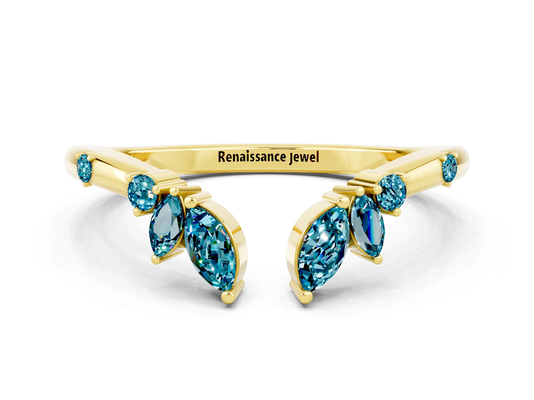 Yellow gold Open Marquise Cluster Blue Topaz Band with Prong Setting_6