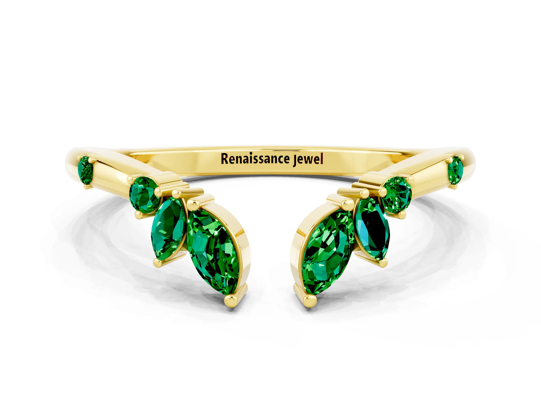 Yellow gold Open Marquise Cluster Emerald Band with Prong Setting_6