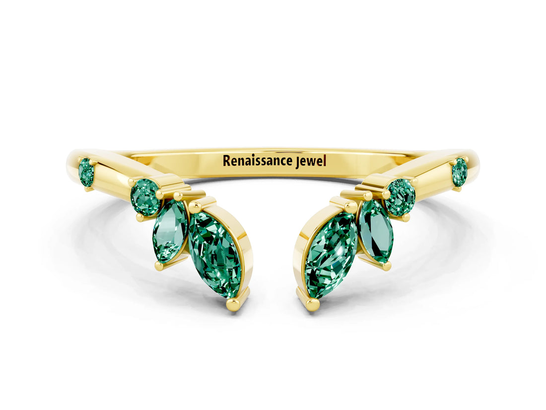 Yellow gold Open Marquise Cluster Green Sapphire Band with Prong Setting_6