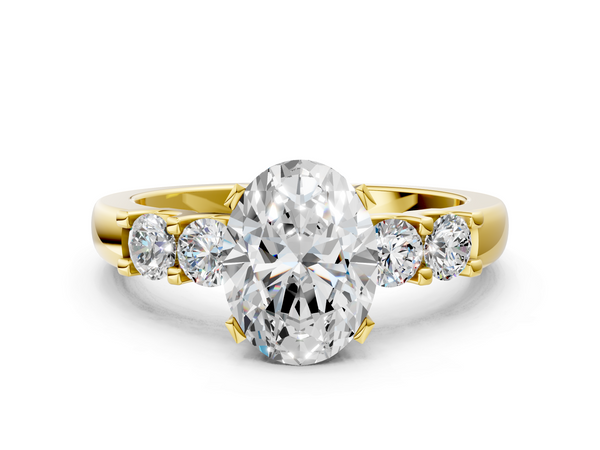 Yellow gold Oval Brilliant Cut Diamond Five-Stone Prong Set Engagement Ring with Channel Band