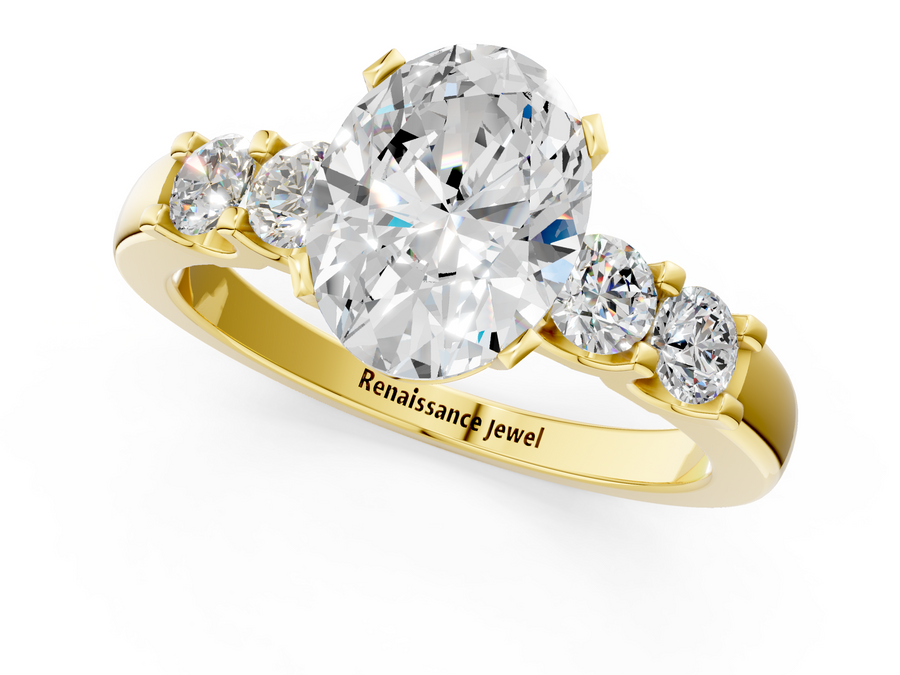 Yellow gold Oval Brilliant Cut Diamond Five-Stone Prong Set Engagement Ring with Channel Band