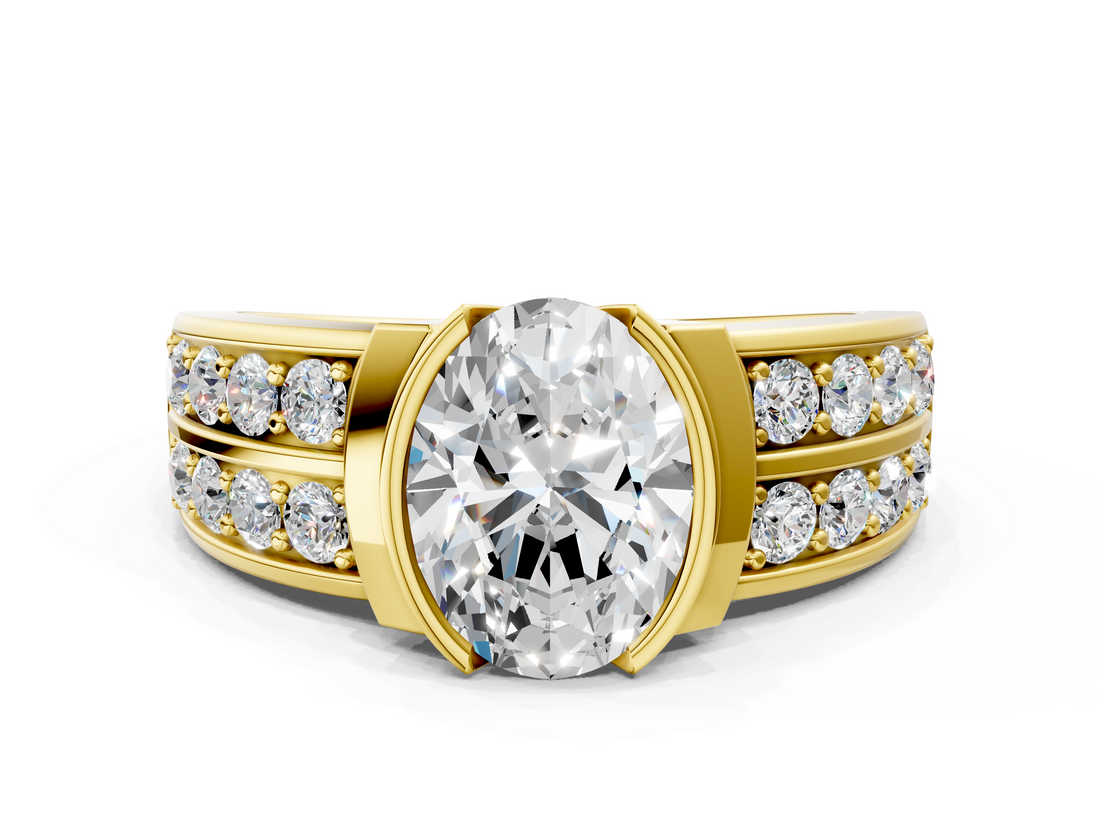 Yellow gold Oval Brilliant Diamond Channel Set Wide Band Ring with Bezel Setting_20