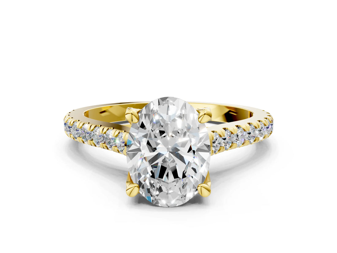 Yellow gold Oval Brilliant Diamond Solitaire with Pavé Band and Four-Prong Setting 1