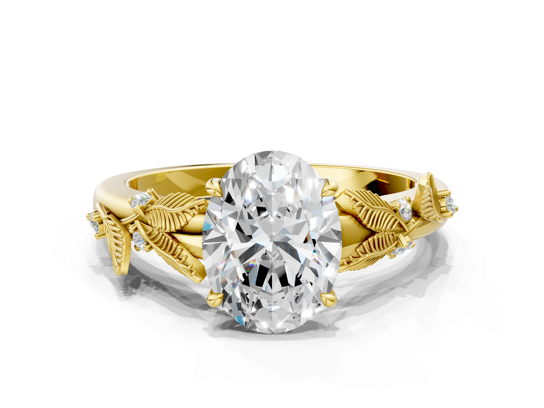 Yellow gold Oval Brilliant Solitaire with Leaf Motif Band and Four-Prong Setting_71
