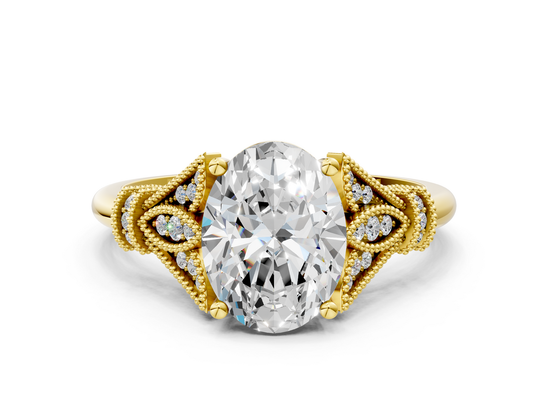 Yellow gold Oval Brilliant Solitaire with Pave Band and Four-Prong Setting_20
