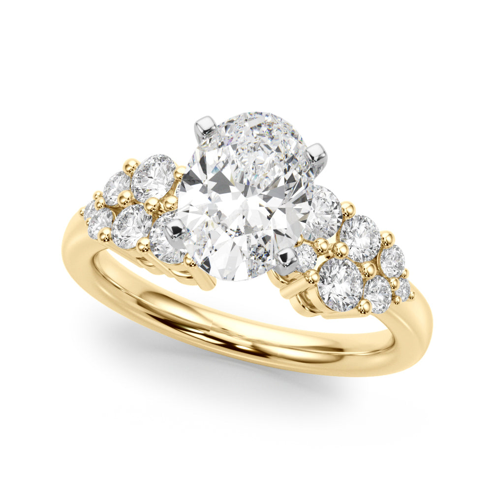 Yellow gold Oval Cluster Diamond Engagement Ring with Pavé Band and Four-Prong Setting