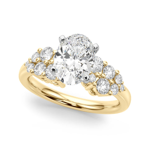 Yellow gold Oval Cluster Diamond Engagement Ring with Pavé Band and Four-Prong Setting