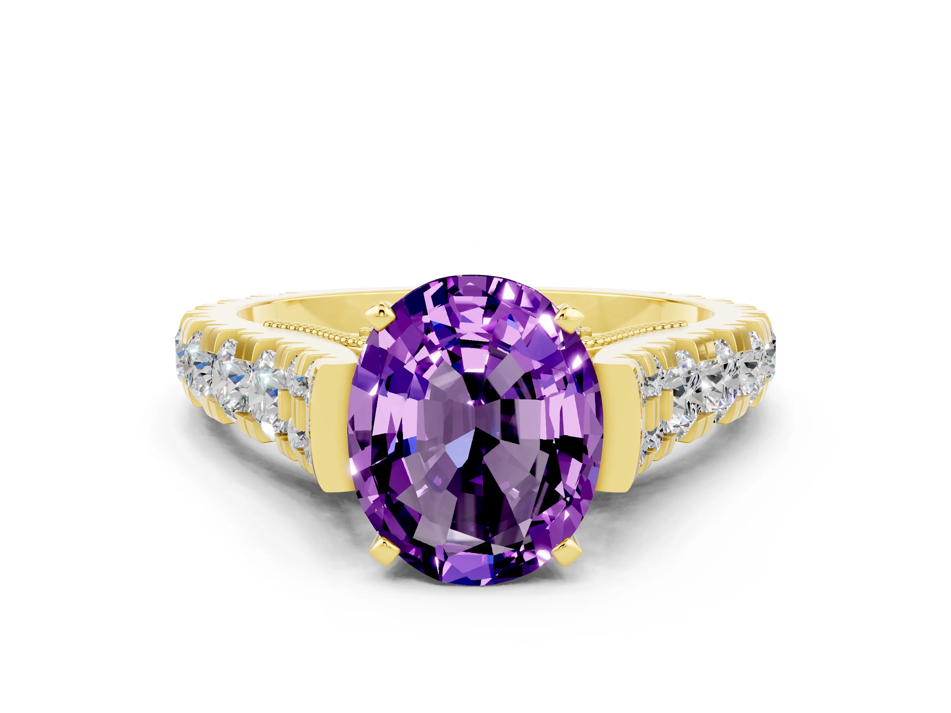 Yellow gold Oval Cut Amethyst Classic Solitaire Ring with Pavé Band and Four-Prong Setting