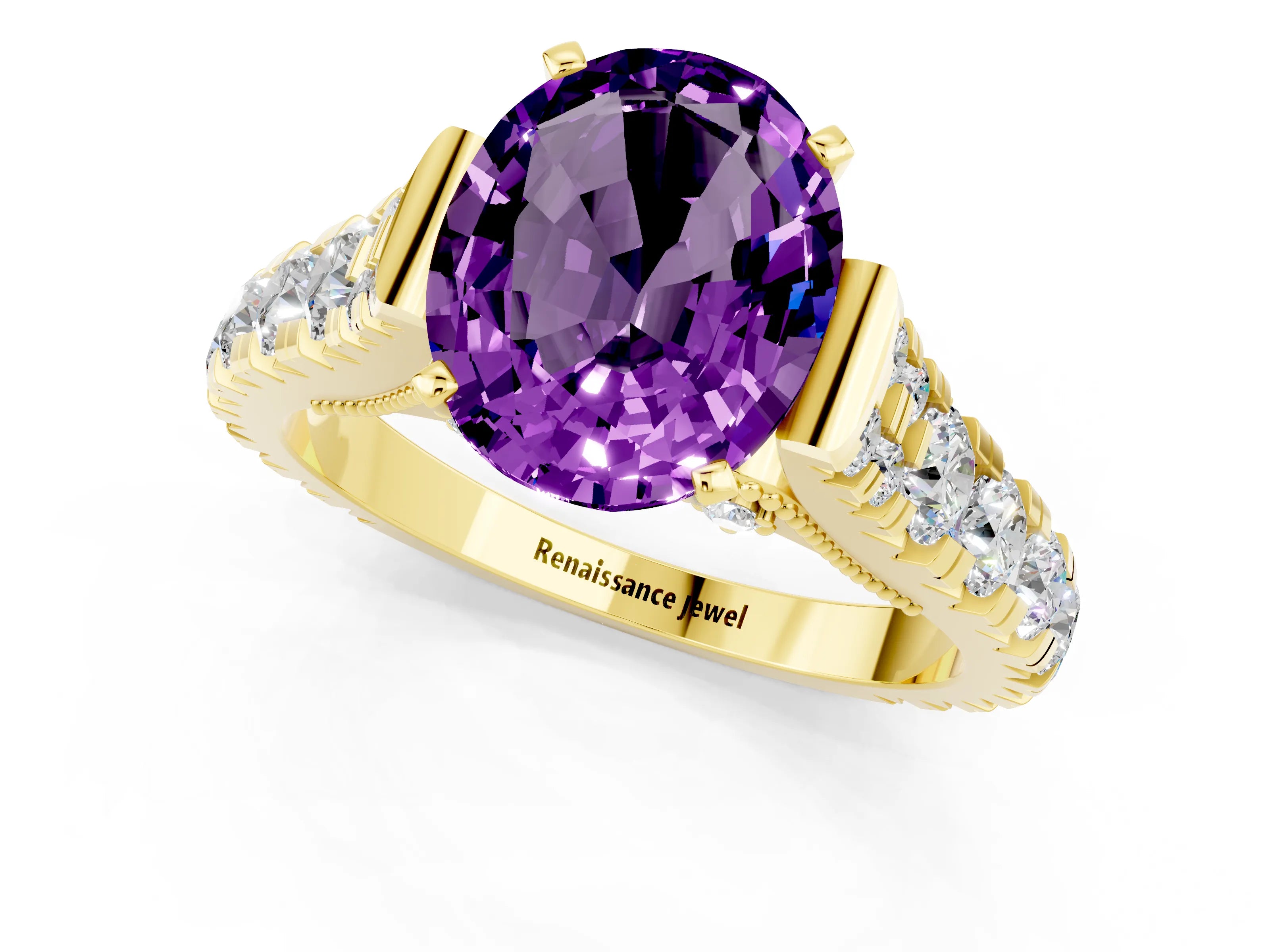 Yellow gold Oval Cut Amethyst Classic Solitaire Ring with Pavé Band and Four-Prong Setting_1