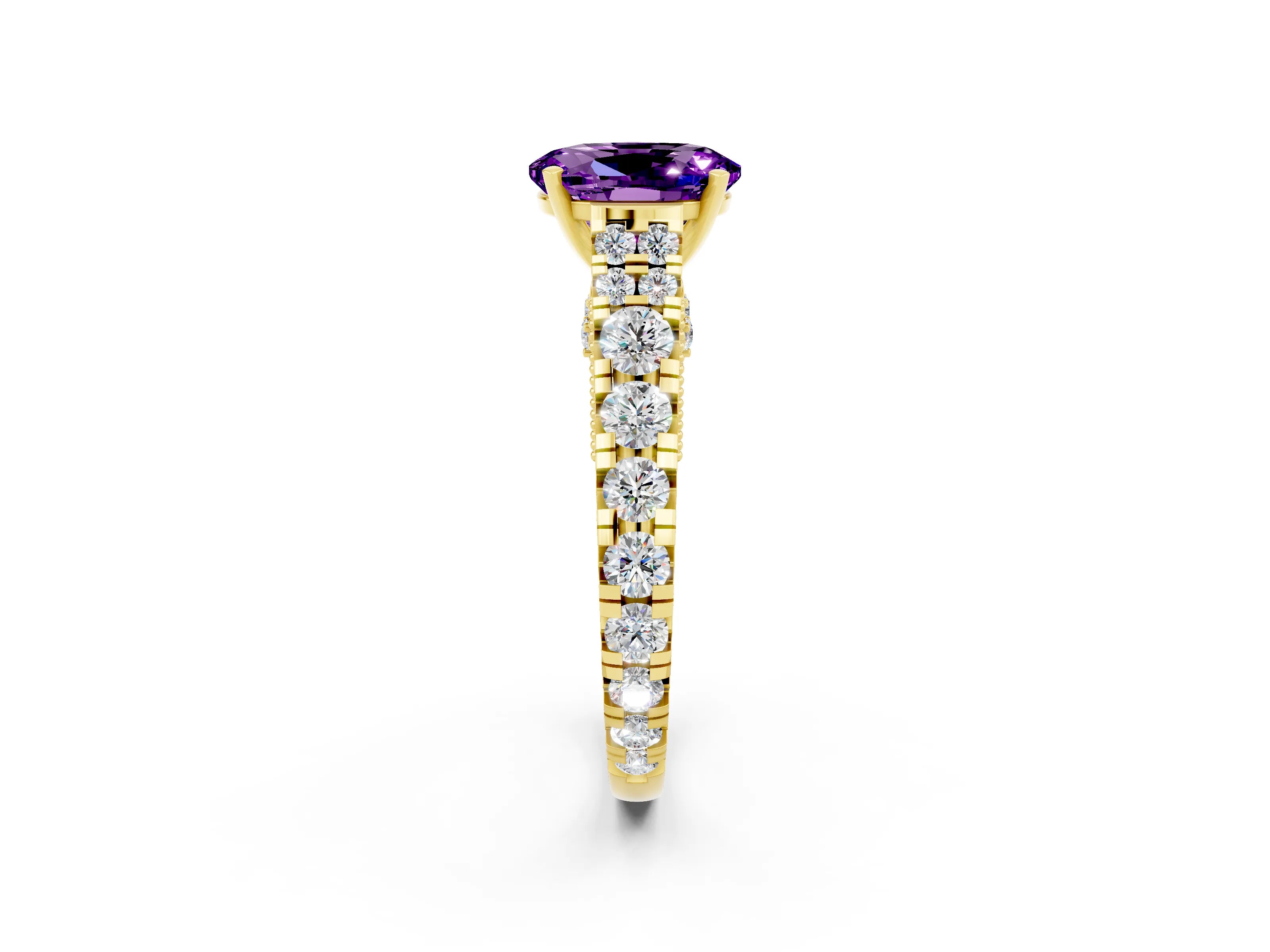 Yellow gold Oval Cut Amethyst Classic Solitaire Ring with Pavé Band and Four-Prong Setting_2