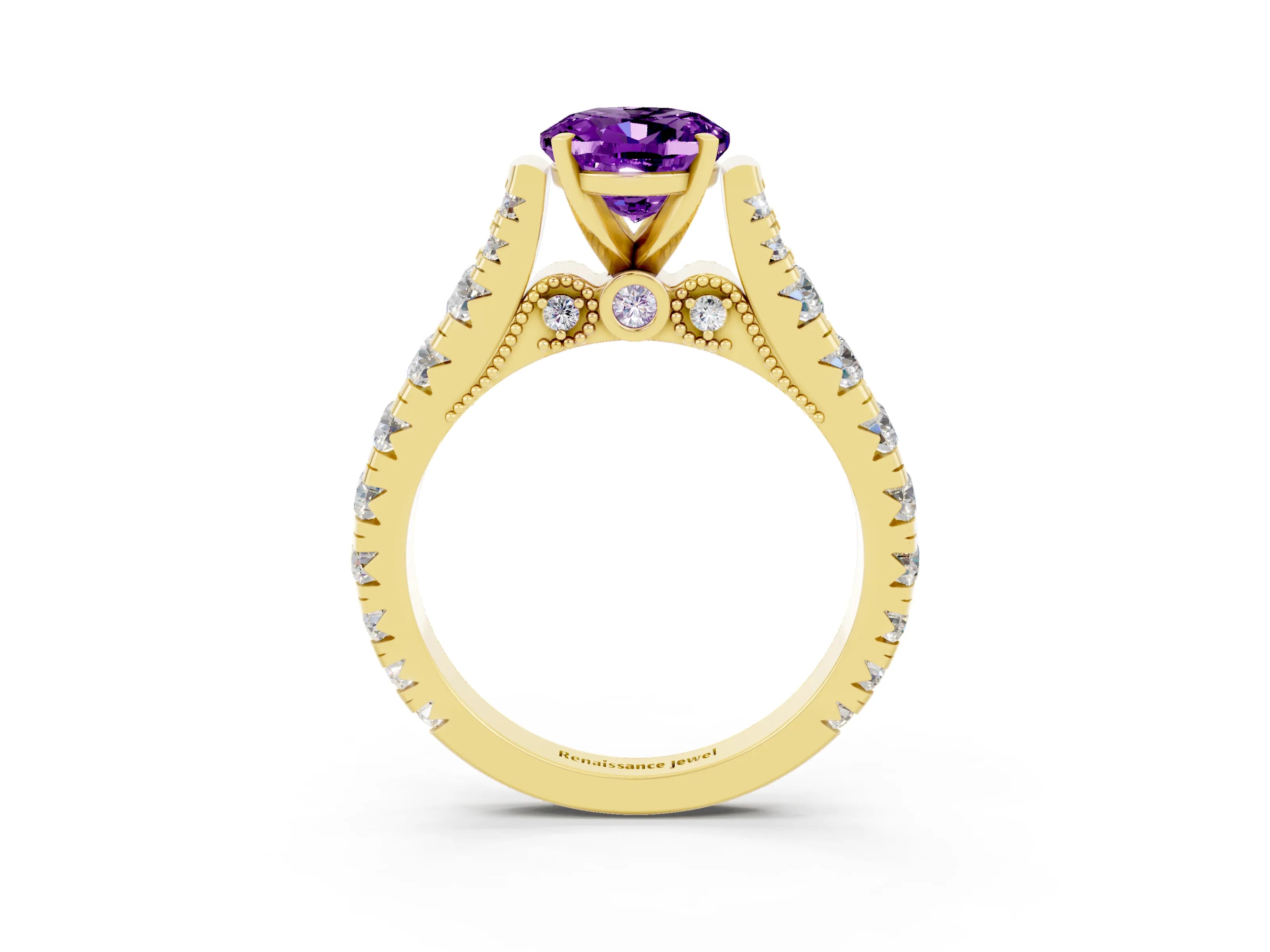 Yellow gold Oval Cut Amethyst Classic Solitaire Ring with Pavé Band and Four-Prong Setting_3