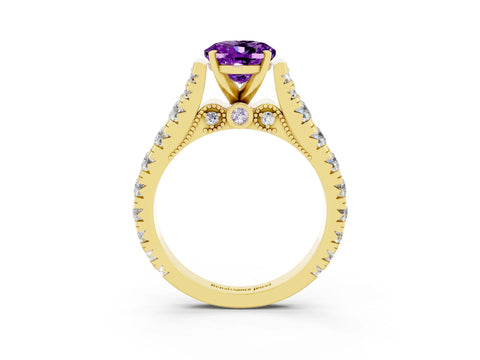 Yellow gold Oval Cut Amethyst Classic Solitaire Ring with Pavé Band and Four-Prong Setting_3