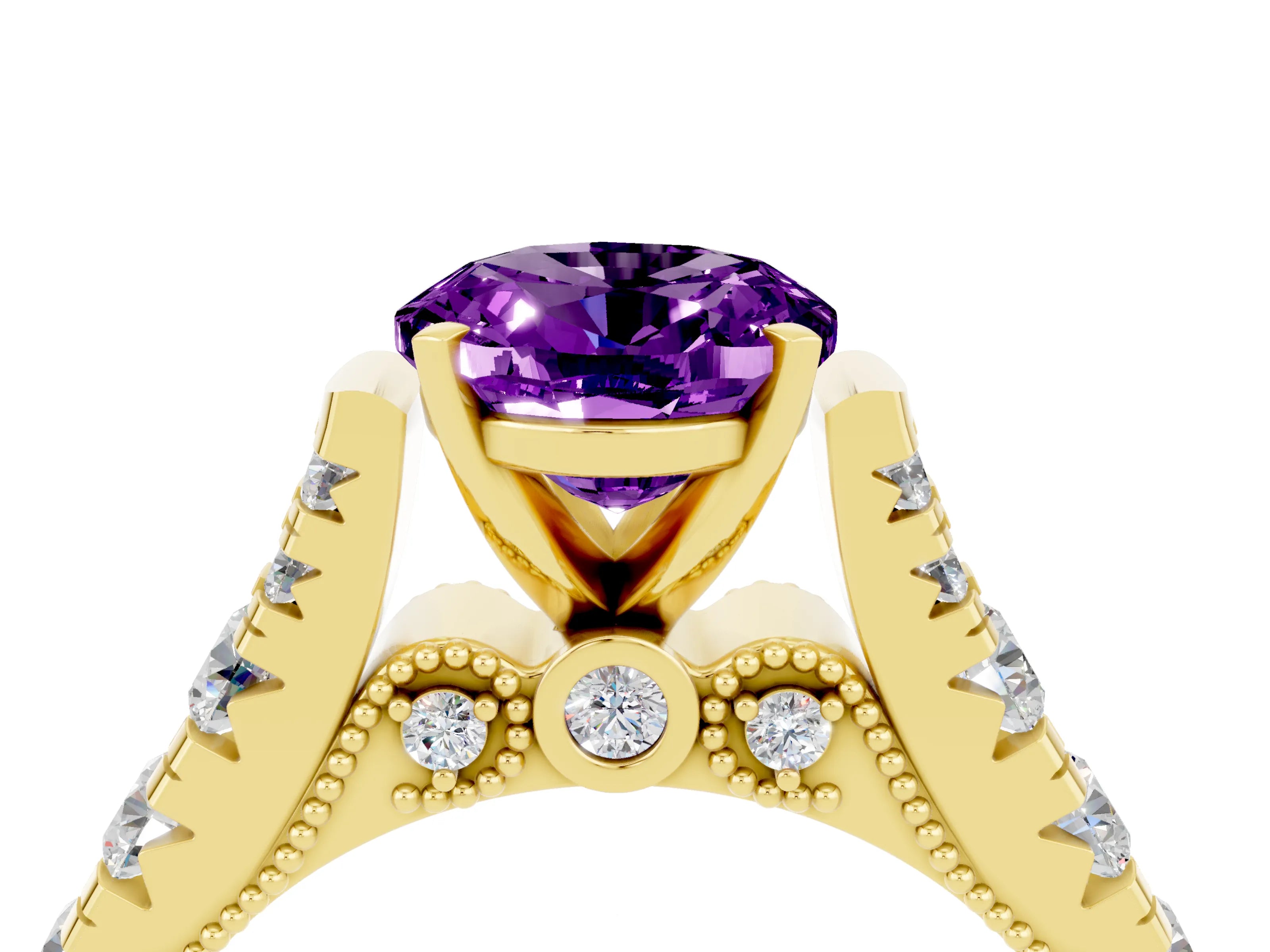Yellow gold Oval Cut Amethyst Classic Solitaire Ring with Pavé Band and Four-Prong Setting_4