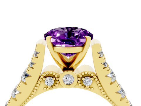 Yellow gold Oval Cut Amethyst Classic Solitaire Ring with Pavé Band and Four-Prong Setting_4