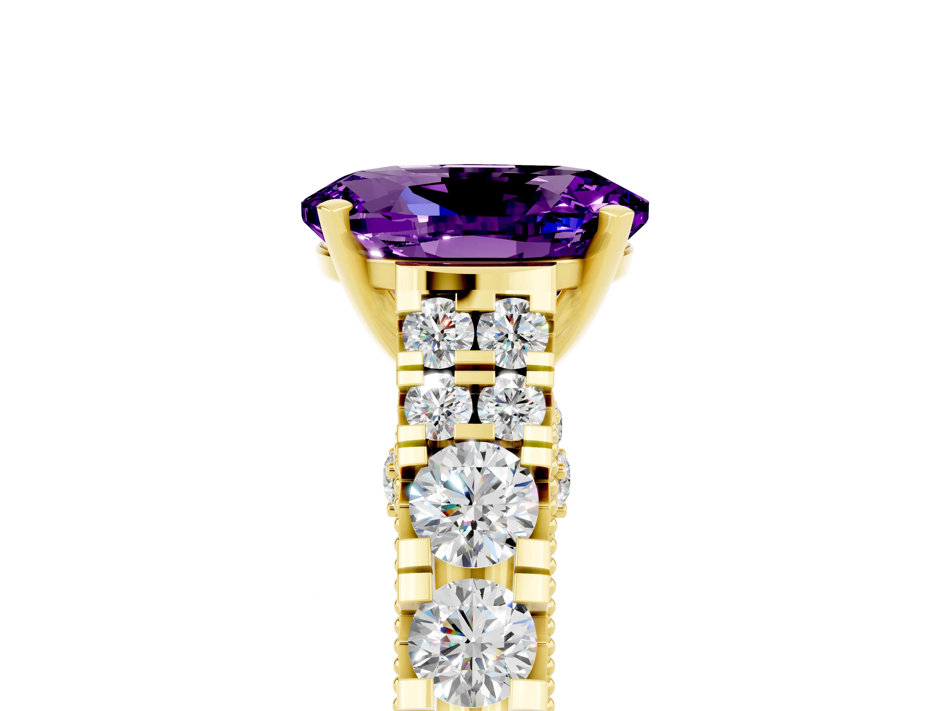 Yellow gold Oval Cut Amethyst Classic Solitaire Ring with Pavé Band and Four-Prong Setting_5