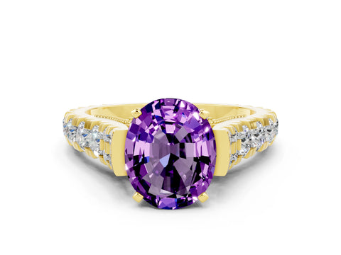 Yellow gold Oval Cut Amethyst Classic Solitaire Ring with Pavé Band and Four-Prong Setting