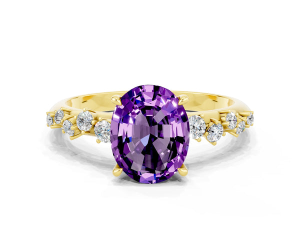 Yellow gold Oval Cut Amethyst Cluster Side Stone Solitaire Ring with Prong Setting