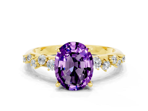 Yellow gold Oval Cut Amethyst Cluster Side Stone Solitaire Ring with Prong Setting_24