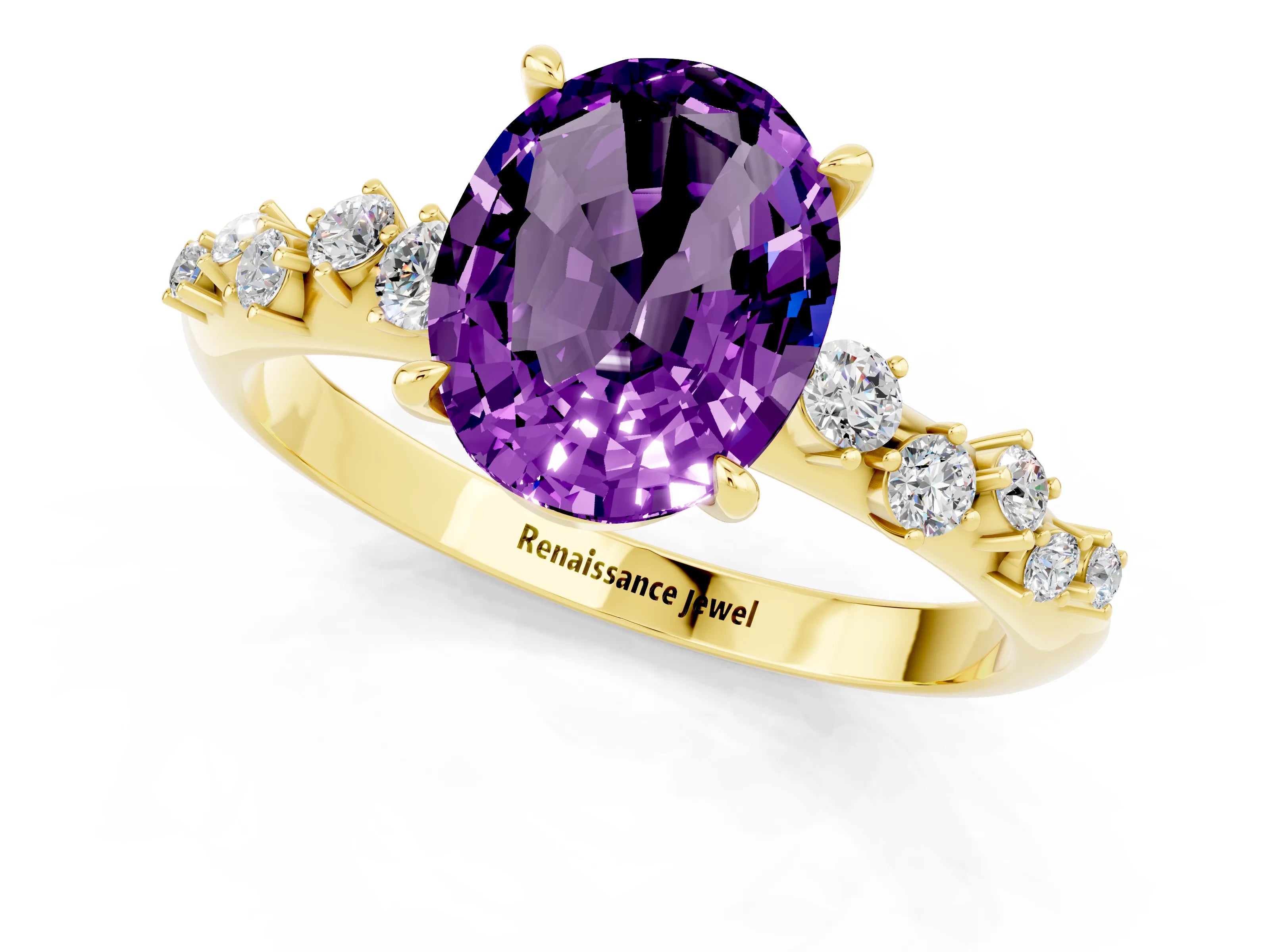 Yellow gold Oval Cut Amethyst Cluster Side Stone Solitaire Ring with Prong Setting_25