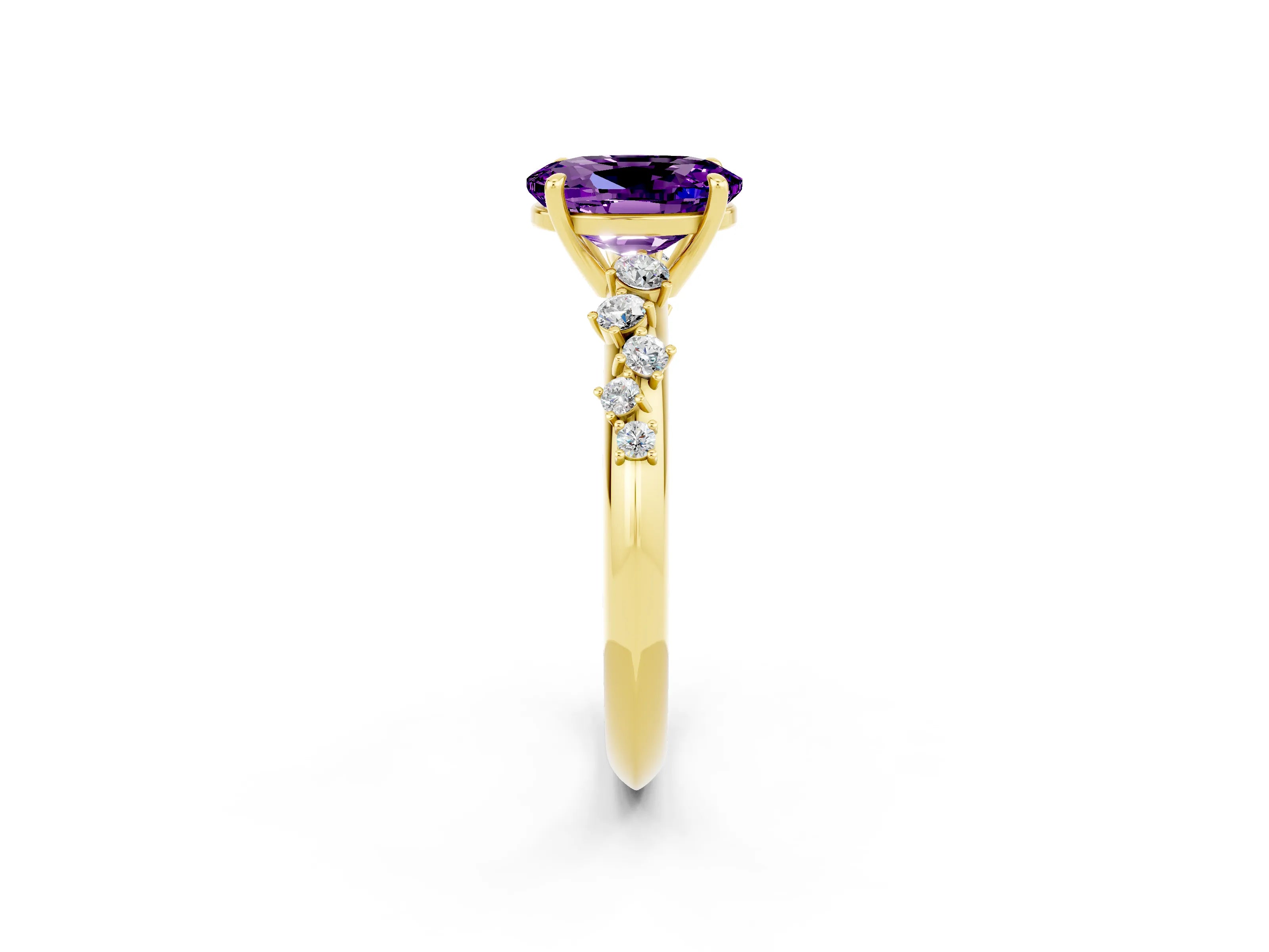 Yellow gold Oval Cut Amethyst Cluster Side Stone Solitaire Ring with Prong Setting_26