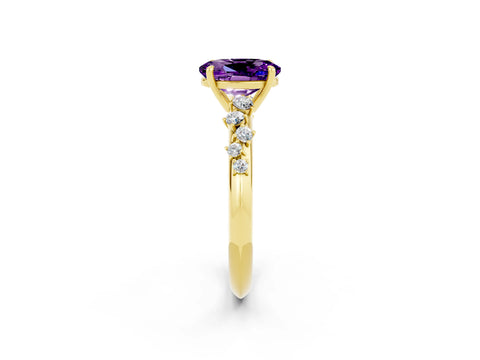 Yellow gold Oval Cut Amethyst Cluster Side Stone Solitaire Ring with Prong Setting_26